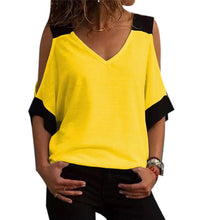Load image into Gallery viewer, Color Block Top Summer Women Plus Size Color Block T-Shirt Cold Shoulder V Neck Short Sleeve Top