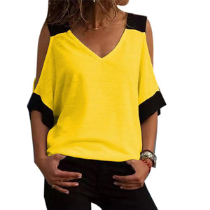 Color Block Top Summer Women Plus Size Color Block T-Shirt Cold Shoulder V Neck Short Sleeve Top