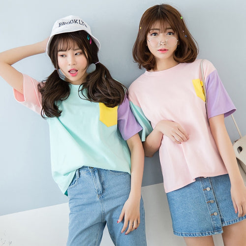 Color Block Top Women's T Shirt Summer Korean Hit Color Harajuku O-Neck With Pocket Tee Shirt