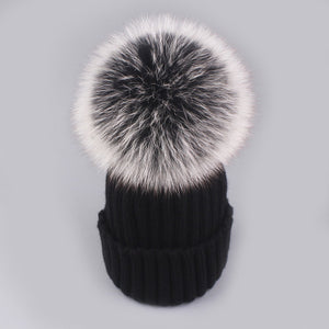 Ponytail Beanie Hat  mink and fox   ball cap pom poms winter