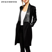 Load image into Gallery viewer, Leather Jackets Sleeve Patchwork Cardigan Women Trench Coat 2019 New Spring Slim Long