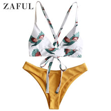 Load image into Gallery viewer, Padded Swimwear  Bird Color Block Criss Cross Bikini Set Wire Free Swim Suit