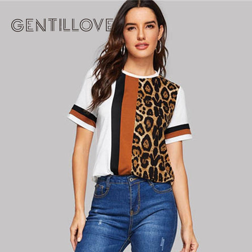 Color Block Top White Color Block Cut-and-Sew Leopard Panel Top
