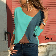 Load image into Gallery viewer, Color Block Top Side V Neck Patchwork Tshirt Women Color Block Long Sleeve Basic Shirt