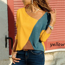 Load image into Gallery viewer, Color Block Top Side V Neck Patchwork Tshirt Women Color Block Long Sleeve Basic Shirt