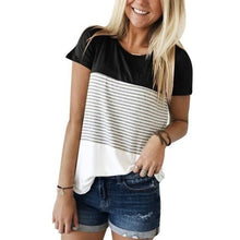 Load image into Gallery viewer, Color Block Top Style Women Short Sleeve Round Neck Triple